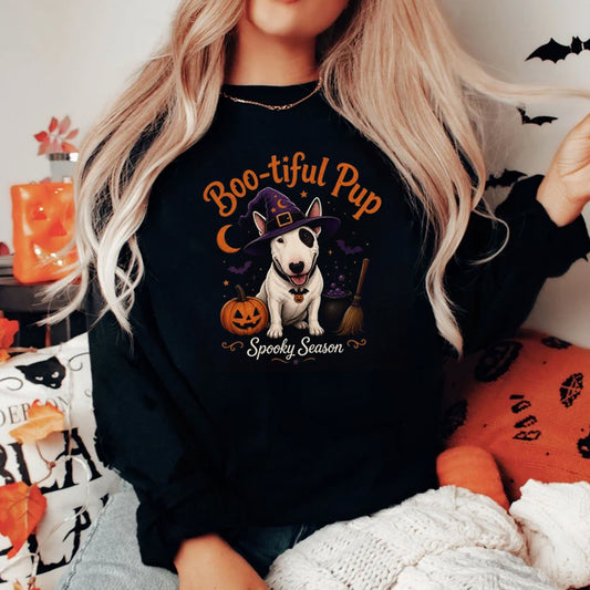 Boo-tiful Pup Tee, Bull Terrier Dog in Witch Hat, Pumpkin, Halloween Crewneck