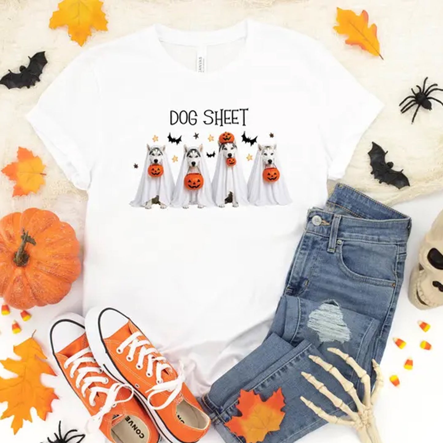 Husky Halloween Sweatshirt, Funny Siberian Husky Ghost Pumpkin T-shirt
