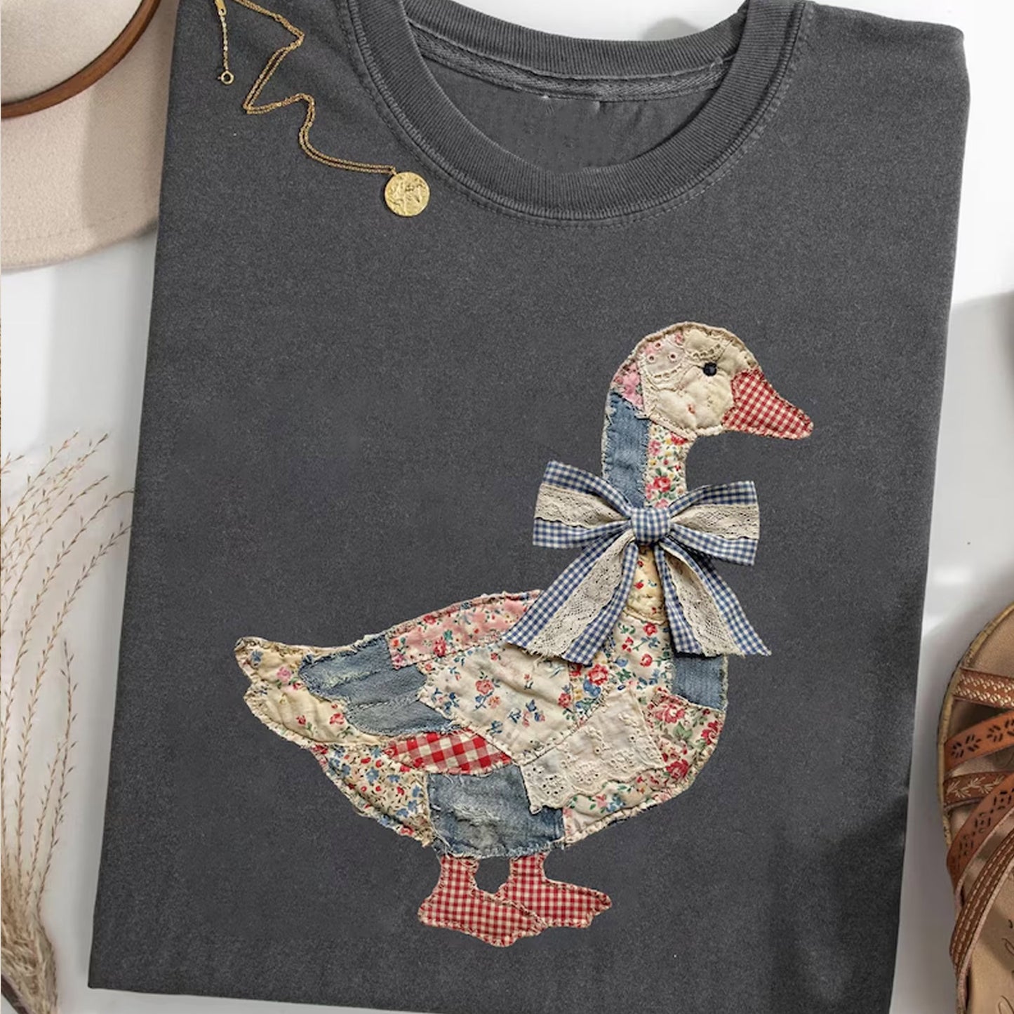 Faux Patchwork Grandmacore Goose Shirt,Easter Graphic Tee