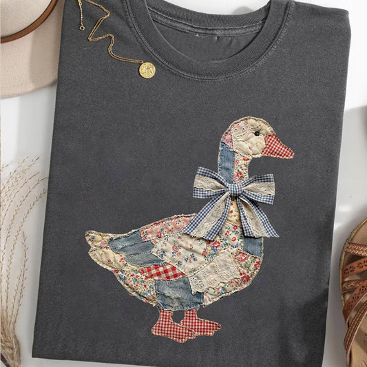 Faux Patchwork Grandmacore Goose Shirt,Easter Graphic Tee