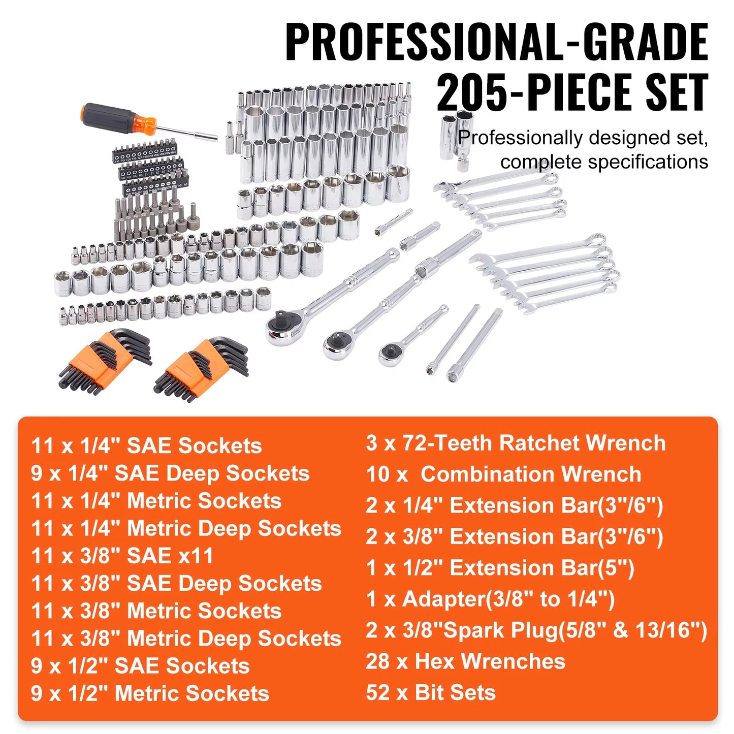 Manto™ 145/205PCS SAE & Metric Mechanic Tool Set with Deep Sockets