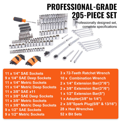 Manto™ 145/205PCS SAE & Metric Mechanic Tool Set with Deep Sockets