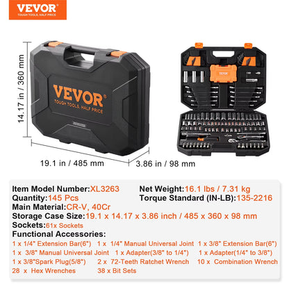 Manto™ 145/205PCS SAE & Metric Mechanic Tool Set with Deep Sockets