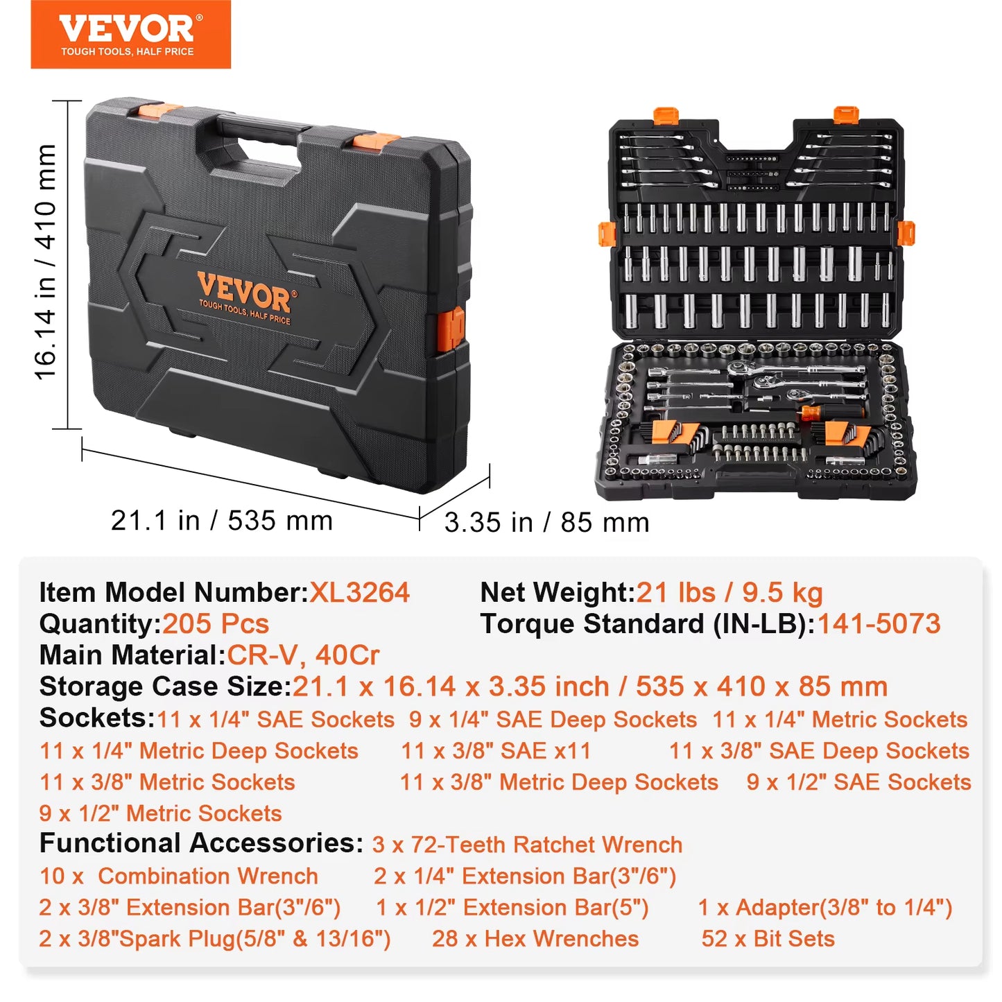 Manto™ 145/205PCS SAE & Metric Mechanic Tool Set with Deep Sockets