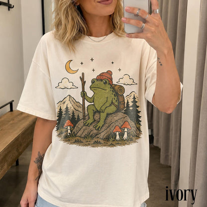 Vintage Frog Camping Graphic Tee, Forest Hiking Wildlife Shirt