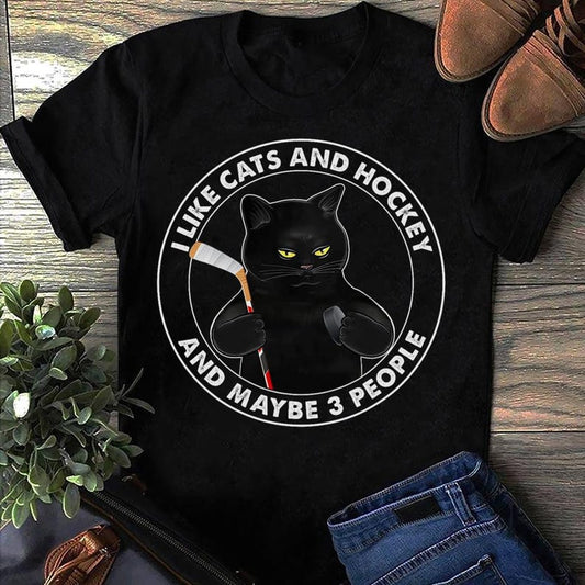 Funny Black Cat Hockey T-Shirt: I Like Cats and Hockey