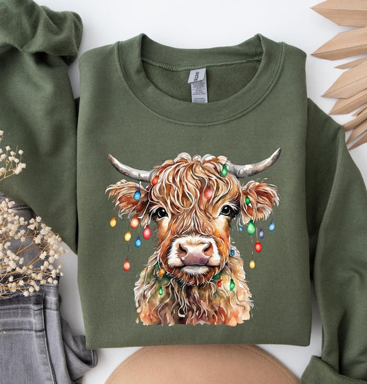 Christmas Cow Lights Sweatshirt: Highland Cow Crewneck, Farm Xmas