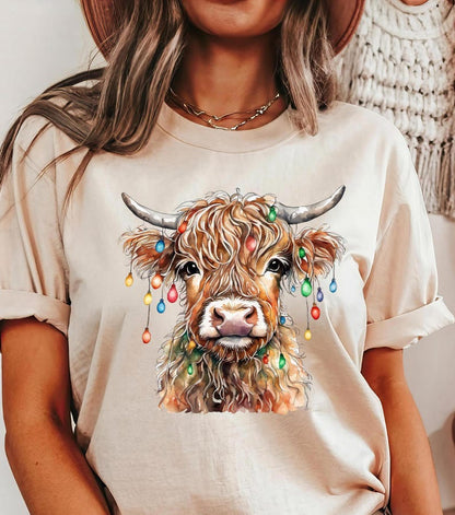 Christmas Cow Lights Sweatshirt: Highland Cow Crewneck, Farm Xmas