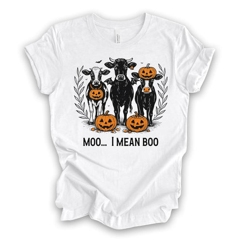 Moo I Mean Boo Halloween Shirt, Fall Farm Cow Design