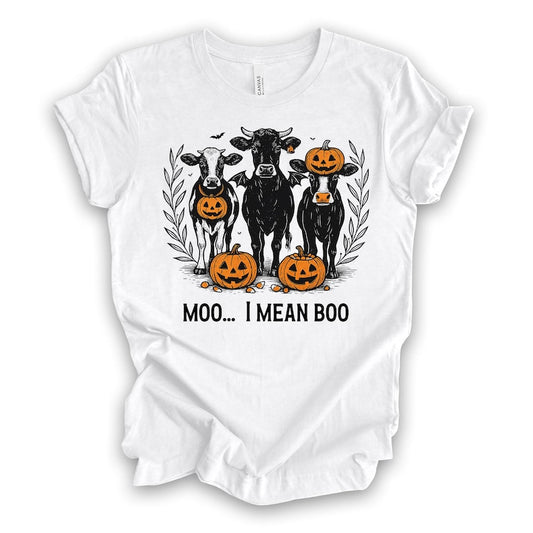 Moo I Mean Boo Halloween Shirt, Fall Farm Cow Design
