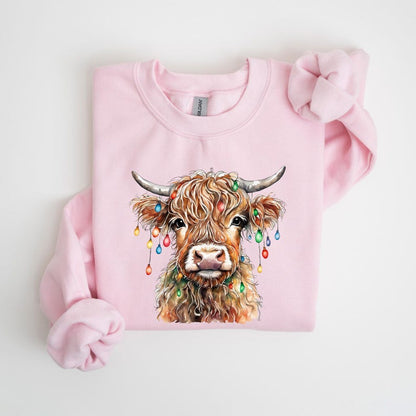 Christmas Cow Lights Sweatshirt: Highland Cow Crewneck, Farm Xmas