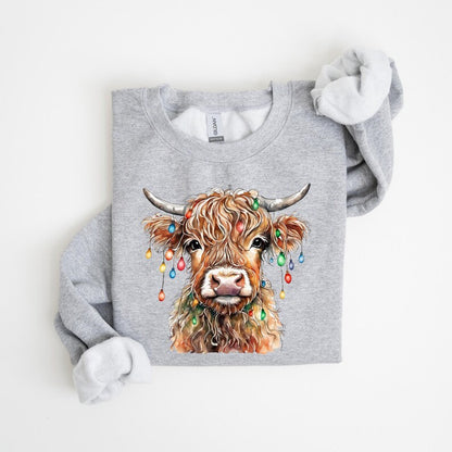 Christmas Cow Lights Sweatshirt: Highland Cow Crewneck, Farm Xmas