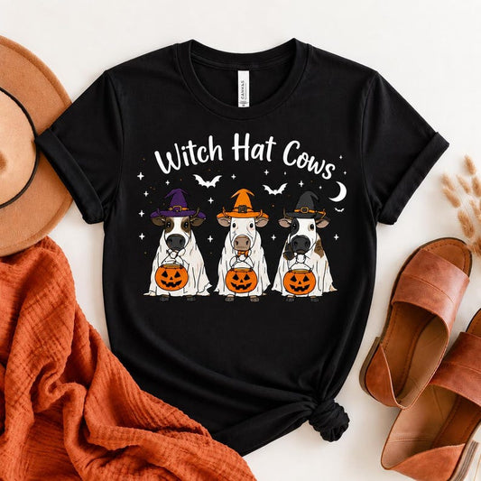 Ghost Cows Halloween T-Shirt, Witch Hat Cow Lover Crewneck