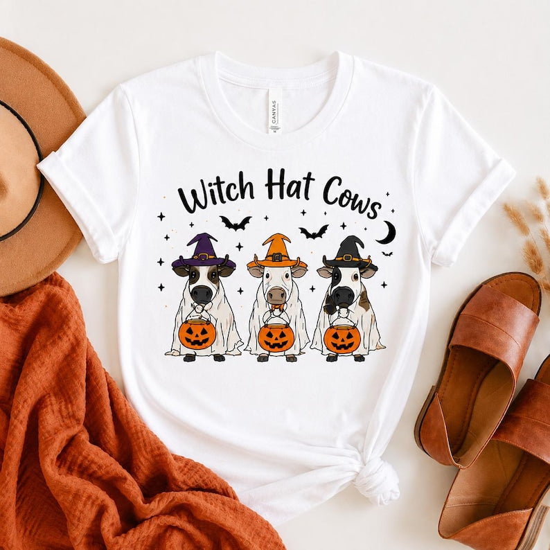 Ghost Cows Halloween T-Shirt, Witch Hat Cow Lover Crewneck