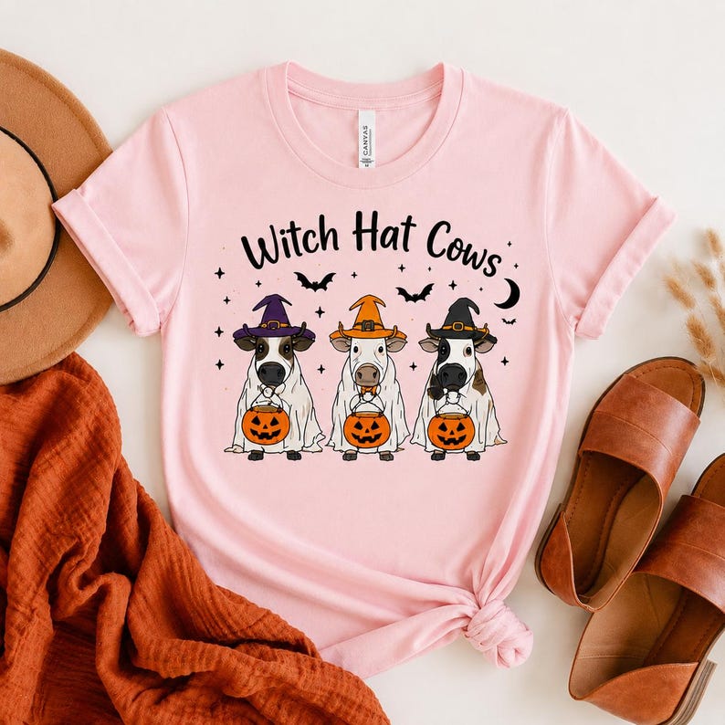 Ghost Cows Halloween T-Shirt, Witch Hat Cow Lover Crewneck